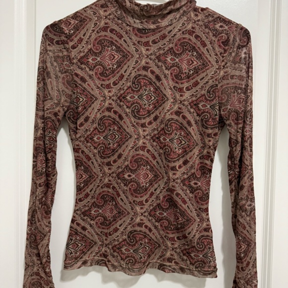 Ronny Kobo Mock Neck Mesh Top - brown / ivory paisley print. Size Small. - Picture 2 of 6